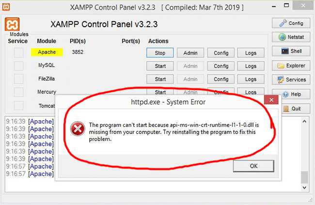 xampp httpd system error